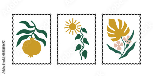 Hand drawn fruit and monstera leaf stamps with wavy borders illustration