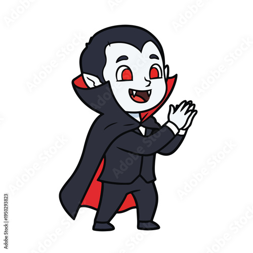 Cartoon vampire character in black cape waving hello with red eyes and fangs