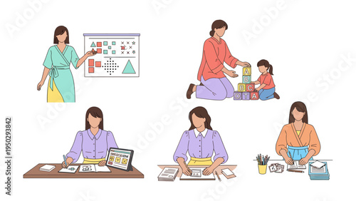 Varied Roles of Women: A collection of illustrations showcasing the diverse roles of women across different aspects of life, from professional settings to moments of nurturing and creativity.