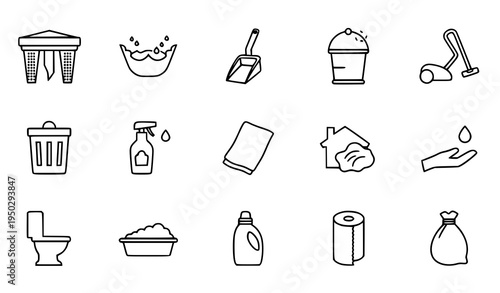 Thin line cleaning and sanitation icon set with vacuum cleaner bucket trash bin shampoo and house cleaning tools vector
