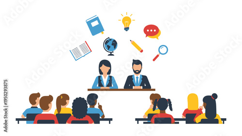 Inspiring Education: A classroom scene depicting an engaging learning environment, with a diverse group of students and instructors in a vibrant and interactive educational session.