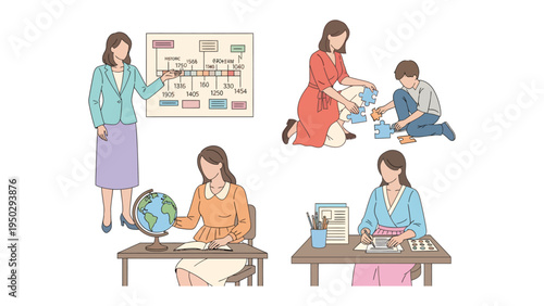 Women's Routine in the Education Field: Illustrative representation of female educator performing diverse roles in various professional settings, showcasing dedication and expertise. 