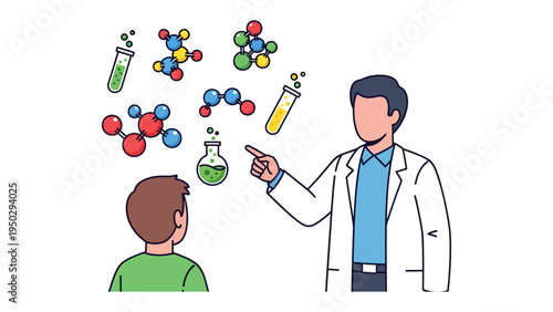 Science Lesson: A professor engages a young student in an enlightening scientific lesson, pointing towards abstract visualizations of molecules, fostering a passion for discovery.