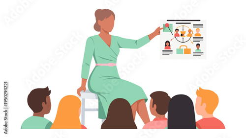 Strategic Presentation: A focused presenter elucidates a vibrant chart to a captive audience, fostering understanding and collaboration.