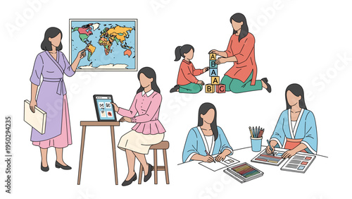 Education and Nurturing: Depicting a compilation of scenes of women in educational and nurturing roles. From teaching to supporting learning, they offer a visual narrative on caring and guidance