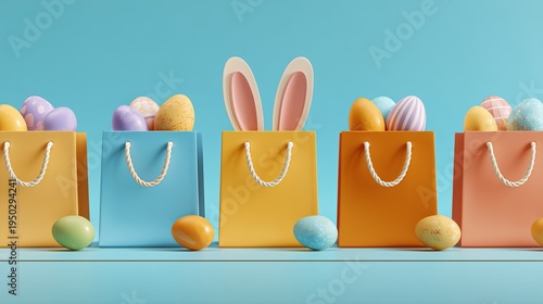 Bunny themed shopping bags with colorful Easter eggs on pastel blue background create a fun festive scene for the celebration