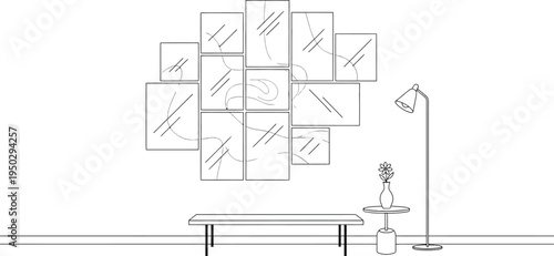 Modern minimalist interior design featuring a stylish gallery wall with abstract artwork and mirrors, complemented by a simple wooden bench.