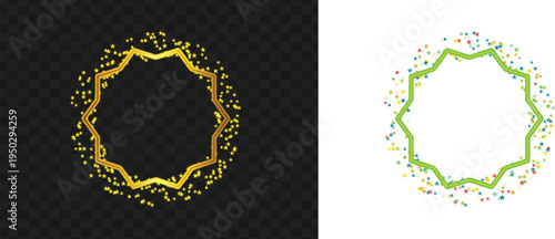 A vibrant illustration of two colorful particle wreaths, one yellow and one green, on transparent backgrounds, showcasing dynamic graphics and design elements.