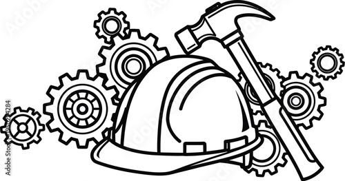 Line art illustration of essential construction equipment including a safety hard hat hammer and mechanical gears