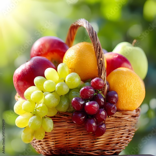Fresh and Colorful Fruit Basket with Apples, Grapes, and Oranges