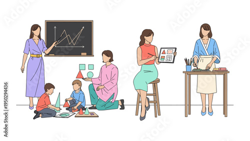 Creative Education: A group of educators foster growth and understanding. Displaying vibrant, innovative methods in the learning environment