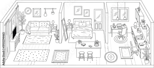 Isometric line art illustration of a modern apartment interior design floor plan featuring living room, bedroom, and home office.