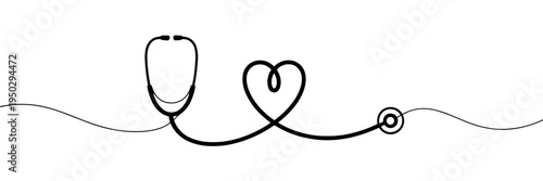 Minimal medical line icon with stethoscope forming heart shape, elegant continuous line healthcare concept isolated on transparent background