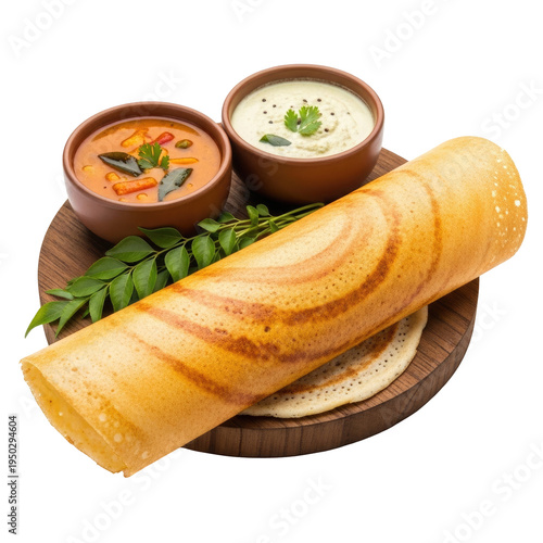 Dosa with sambar and chutney on wooden plate