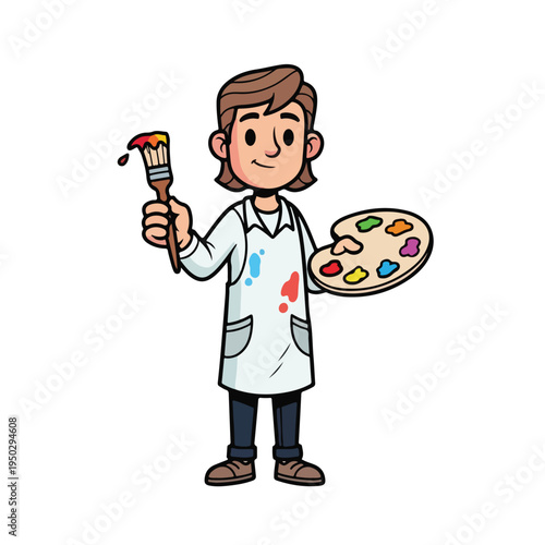 Cartoon artist with paintbrush and palette standing isolated on white background