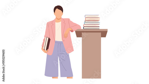 Knowledgeable in Academia: A confident individual stands poised near a stack of books, reflecting the pursuit of knowledge and intellectual growth.