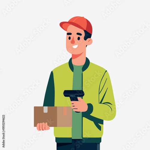 A smiling delivery man in a yellow jacket holding a cardboard box and a scanner