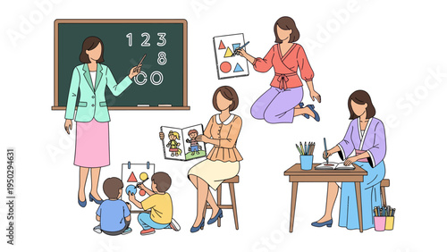 Childhood Education: A nurturing educator guides young minds through the world of learning, fostering creativity and curiosity in a vibrant classroom setting. 