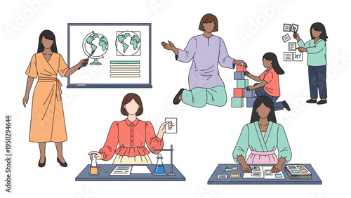 Knowledge and Discovery: A mosaic of engaged individuals explore the world through learning and teaching. The diverse group delve into education, research, and creativity.