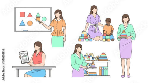 Nurturing Minds: A collection of images portraying educators engaging with children through learning, play, and guidance.