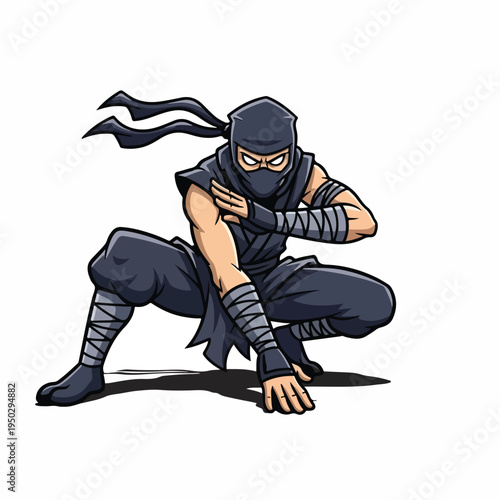 Ninja in crouched position with cloth over head and face