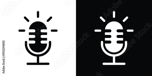 Minimalist outline microphone icon with signal rays. Vector linear design for live streaming, active voice recording, and podcasting. Modern UI element for web and mobile app interfaces.