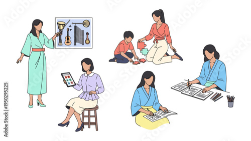 Women’s Everyday Moments: A collection of illustrations showcasing the diverse roles of women in daily life, from working to creative pursuits, family time to relaxation.