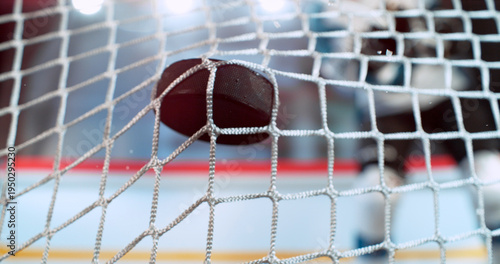 Photography Close-up action shot of an ice hockey puck hitting the goal net during a scoring moment