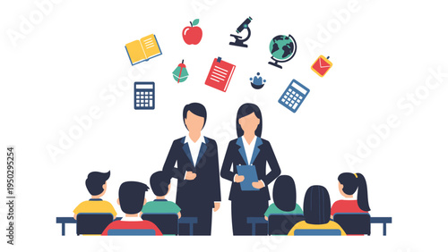 Teachers Guiding Education: Two educators stand before a group of students, surrounded by icons symbolizing the tools of learning. This illustration captures the essence of education.