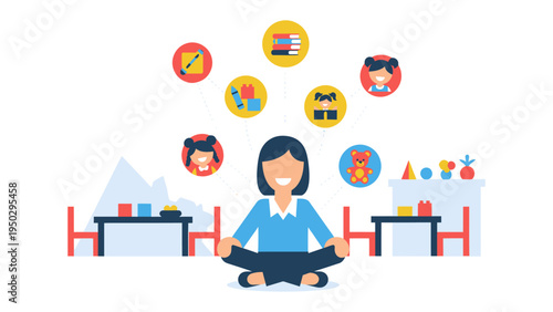 Playful Learning in Classroom: A nurturing teacher, sitting cross-legged, embodies mindfulness amidst a vibrant classroom environment.