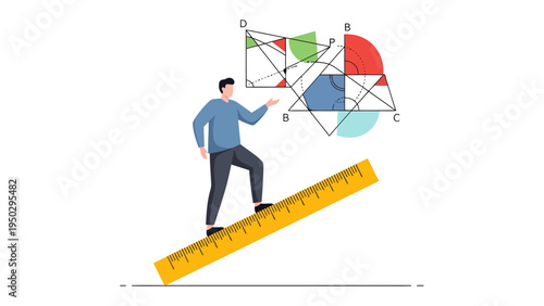 The Journey of a Geometric Scholar: A scholarly individual embarks on an academic exploration of complex geometric shapes, using a ruler as a guide to unlock the secrets of mathematical reasoning.