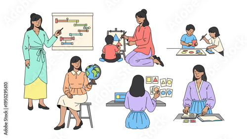 Illustration of Education Scene: A collection of illustrations depicting various educational settings, from teacher-led lessons to hands-on activities.
