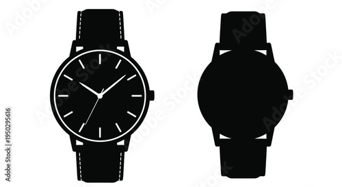 Black wristwatch depicted in two views face and back silhouette