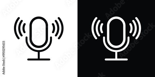 Retro microphone icon with radio waves representing live broadcasting, recording, or voice activation. Dynamic black and white style for podcasts, radio, and streaming media.