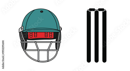 A teal cricket helmet and wickets a simple illustrated depiction