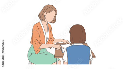 Mentorship Moment: A teacher, in an act of guidance, leans in to assist her student in their studies, the focus and intent visible in their shared experience.