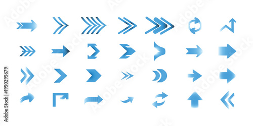 Collection of various blue arrow icons in different styles and directions isolated on white background