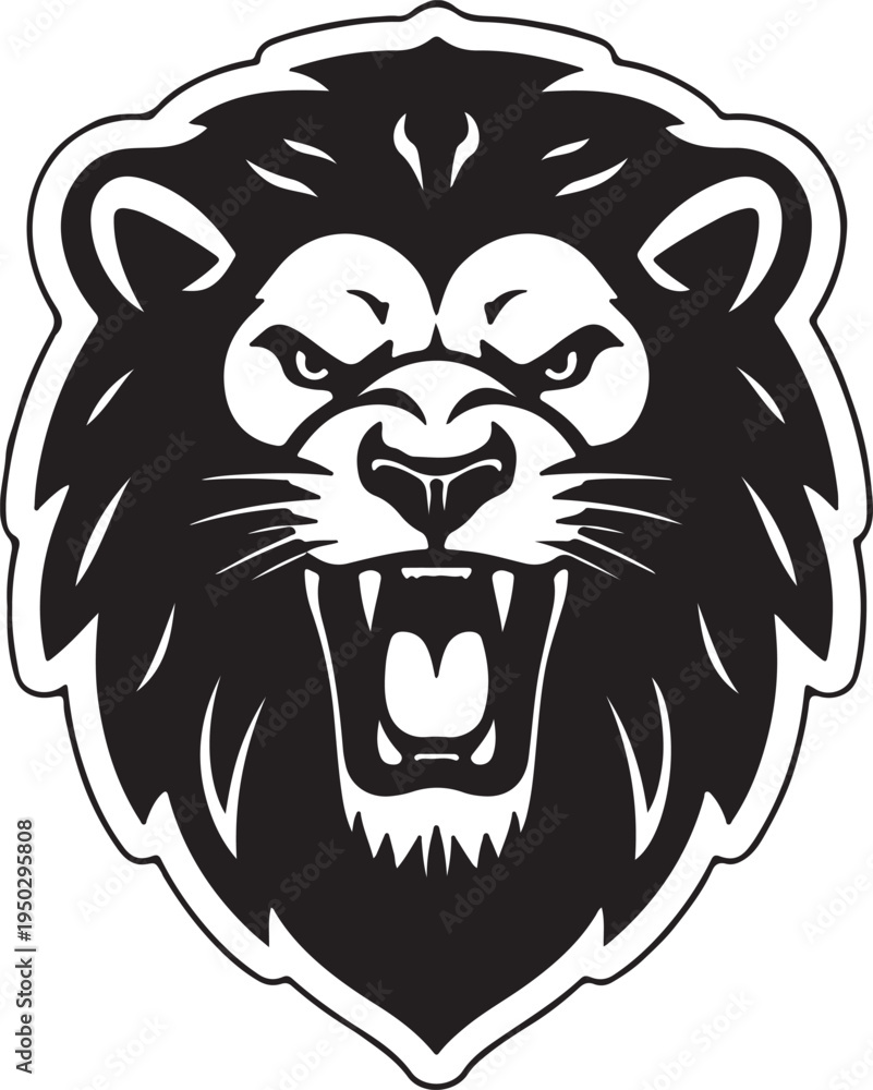 Fototapeta premium Fierce lion head graphic, roaring king of jungle animal mascot, aggressive predator symbol, big cat