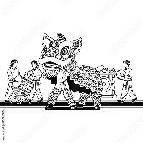 Traditional lion dance performance with drummers and cymbal player
