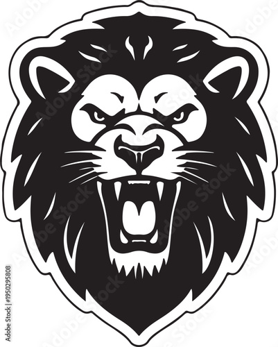 Fierce lion head graphic, roaring king of jungle animal mascot, aggressive predator symbol, big cat