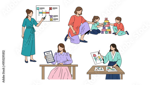 Nurturing Minds and Creativity: A heartwarming scene showcases a teacher guiding young learners in various activities: from classroom instruction to creative expression.