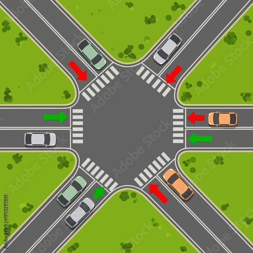Busy intersection with cars navigating traffic lights and crosswalks, illustrating traffic flow and urban driving.