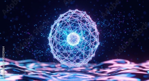 A glowing geometric sphere floating above a reflective liquid surface in a dark futuristic space