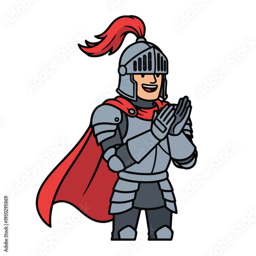 Cartoon knight in armor with red cape and helmet gesture