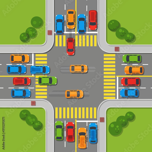 Busy intersection with cars stuck in traffic jam, top view