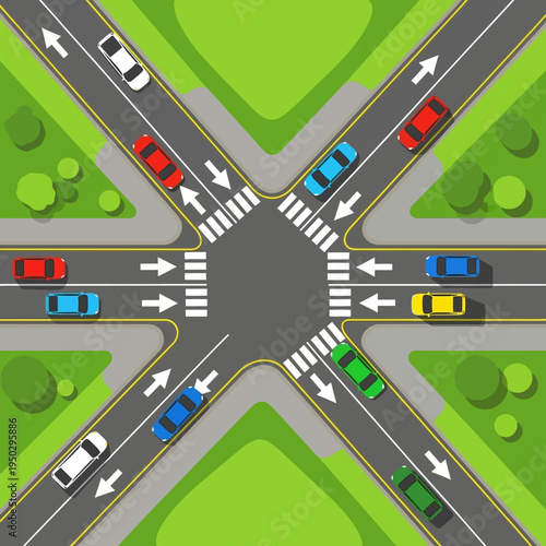 Busy intersection with cars, traffic lights, and crosswalks, top view