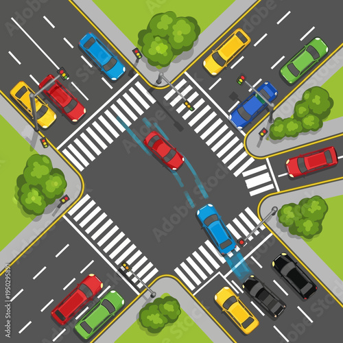Busy intersection with cars navigating traffic, crosswalks, and traffic lights.