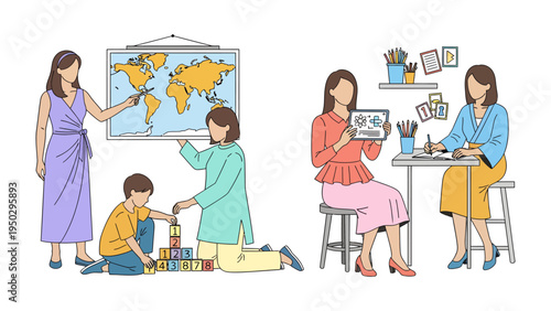 Education and Creativity in the Classroom:  A snapshot of educators in action, nurturing young minds through diverse learning experiences, from geography lessons to creative arts.