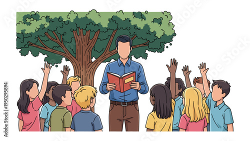Teacher and Pupils Under Tree: An inspiring teacher engages a class of young students with a captivating story, fostering curiosity and imagination under the shade of a large tree. 