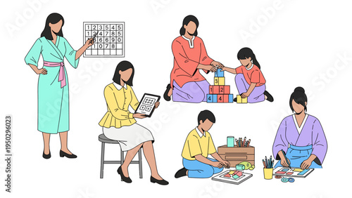 Moments of Nurturing: Depicting a series of scenes showing a mother engaging in various activities with her children, this captures the essence of care and quality time spent together.